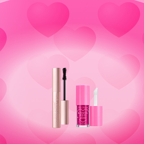 makeup products and pink hearts