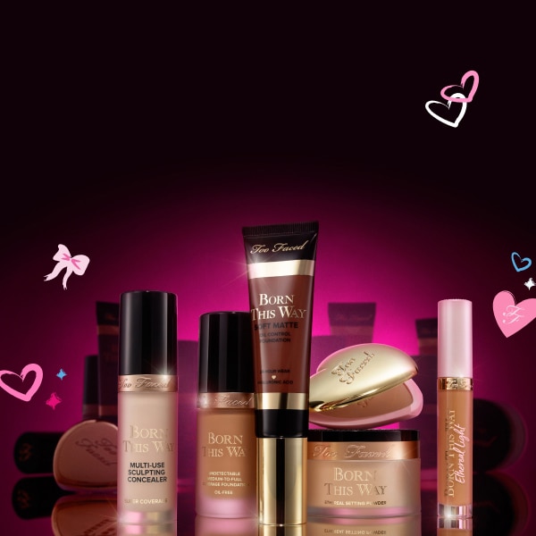 makeup products and pink hearts